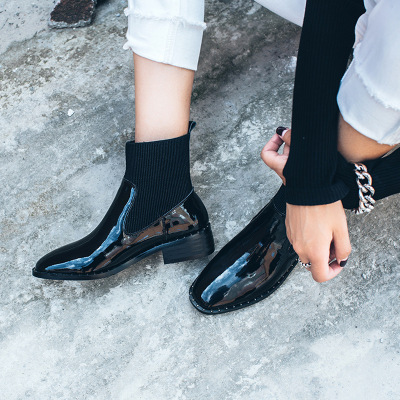 新款短靴女春秋单靴粗跟真皮方头靴子女冬黑色中跟切尔西靴潮