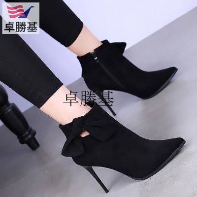 尖头高跟短靴细跟马丁靴冬季新款韩版性感蝴蝶结加绒裸靴女靴