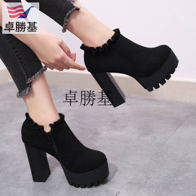 复古短靴女粗跟高跟新款黑色绒面及裸靴韩版加绒靴子女冬季