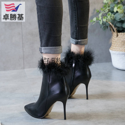 马丁靴子冬款新款秋冬季女鞋百搭细跟韩版短尖头毛毛高跟鞋