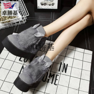 冬季棉鞋坡跟厚底内增高兔耳朵雪地靴12cm马丁靴兔毛短靴灰色(34