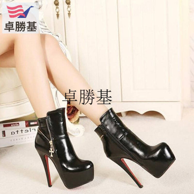 超高跟14cm性感细跟短靴防水台金属饰品漆皮女鞋欧美马丁靴秋冬靴黑色