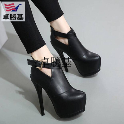 超高跟鞋14cm性感欧美短靴防水台细跟女靴子秋冬马丁靴及裸靴黑色