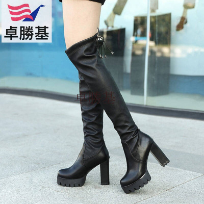 女鞋超高跟过膝长筒靴子长靴黑色高筒靴防水台女鞋皮靴子冬季新款时尚黑色