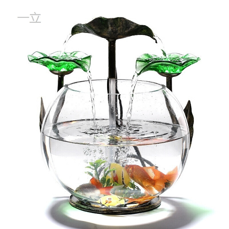 创意玻璃鱼缸流水摆件客厅办公桌面欧式小喷泉加湿器开业送礼透明28*