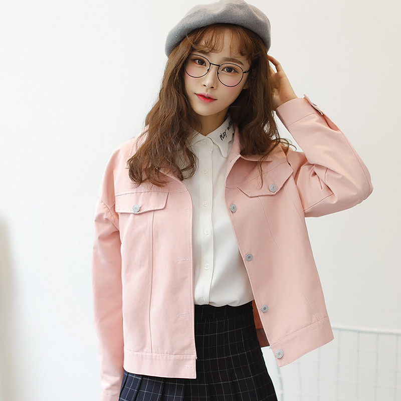 韩版小清新粉色外套bf风日系字母印花宽松工装学生短款外套