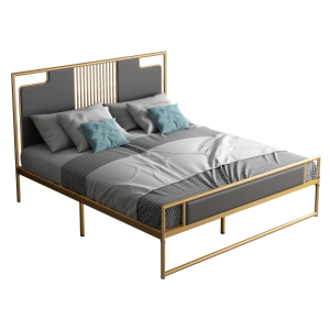 现代简约轻奢新中式铁艺床古达1.2米1.8米金色软靠铁床架金属双人床