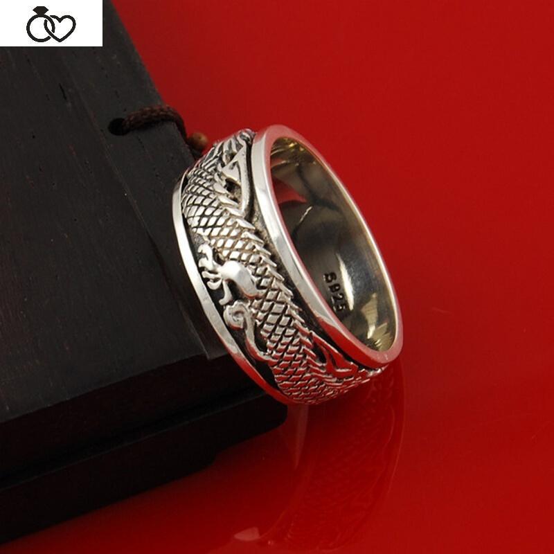jinglan泰国饰品s925纯银双层可转动戒指转运龙男指环刻字