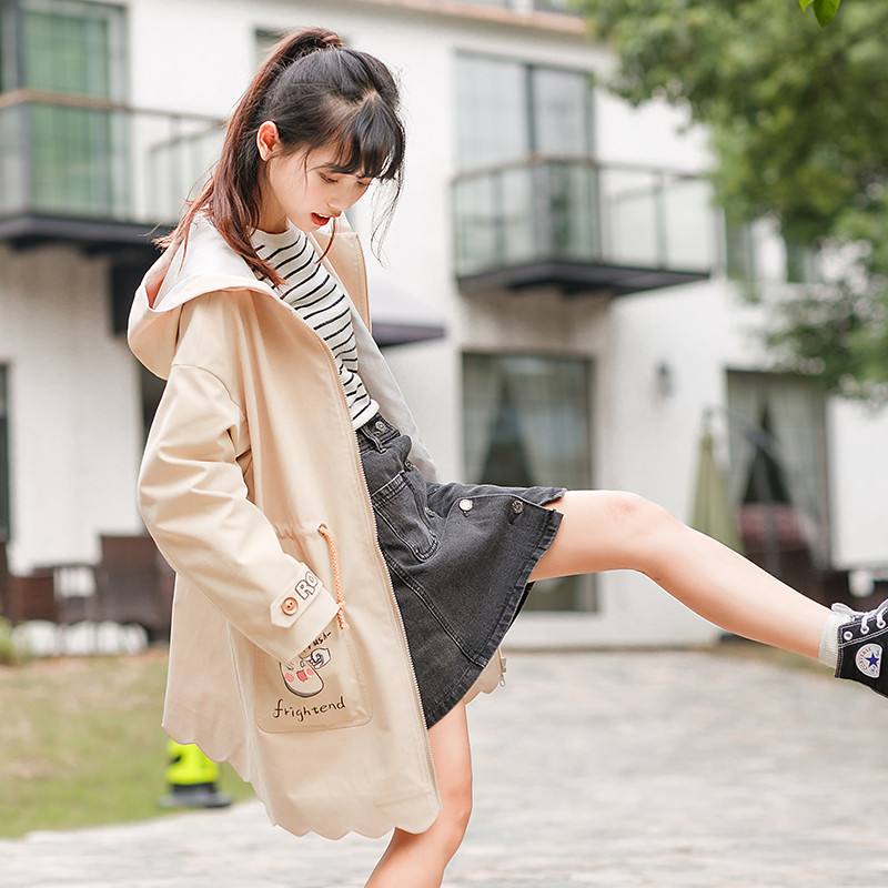 新款【原创设计】2018秋装新款女装日系软妹可爱中长款风衣外套女学生