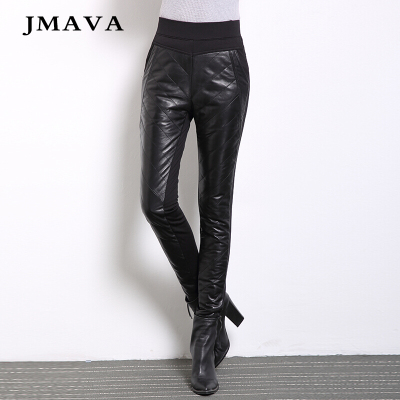 显瘦修身弹力真皮皮裤女长裤绵羊皮秋冬羽绒裤女外穿加厚紧身加绒黑色