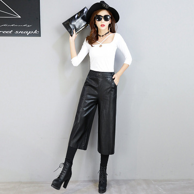 韩版气质百搭宽松绵羊皮七分裤秋冬女新款阔腿裤真皮女士皮裤黑色