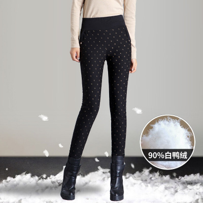 羽绒裤女外穿高腰冬季四面弹力修身显瘦加绒印花小脚裤铅笔裤黑色印花