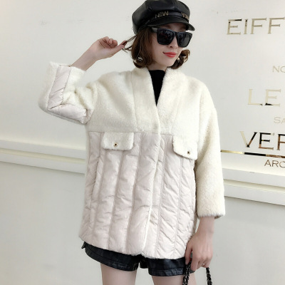 冬季新款长毛貂绒拼接羽绒服女短款单排扣保暖修身时尚外套潮