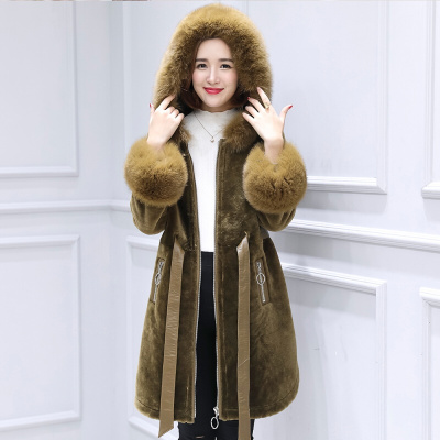 旗下皮毛一体外套女新款皮草中长款大衣真皮羊剪绒韩版长袖狐狸毛姜黄