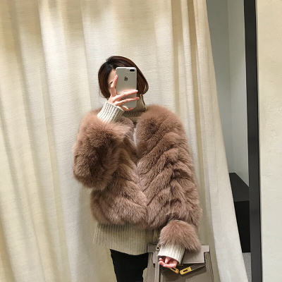 旗下新款短款韩版时尚兰狐皮草外套女R65奶茶色-