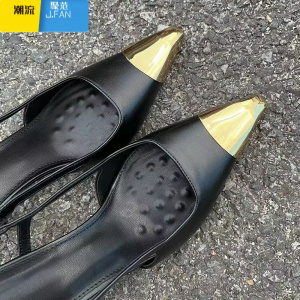 聚范2024新款金属黑色金色尖头凉鞋女细跟包头御姐性感高跟鞋单鞋