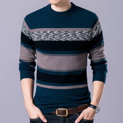 2017冬装男式羊毛衫圆领套头条纹针织衫加厚保暖毛衣中年商务男装