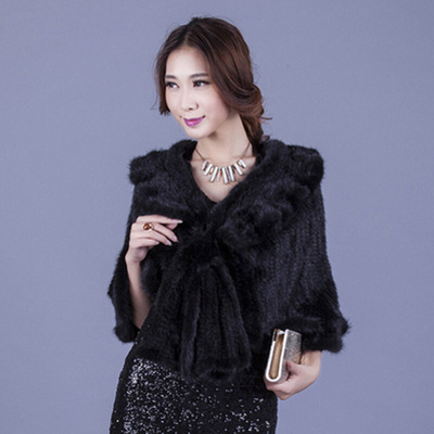 新款女进口水貂编织木耳边斗篷披肩貂毛荷叶边披风外套皮草衣服黑色均码