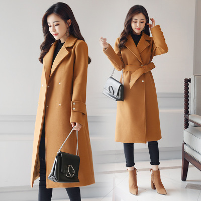 中长款毛呢外套女2017冬季新款韩版气质修身系带呢子大衣