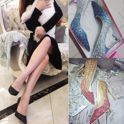 qmnz新款浅口夜店尖头大码高跟鞋细跟渐变亮片中跟单鞋水晶伴娘新娘婚鞋女-定制