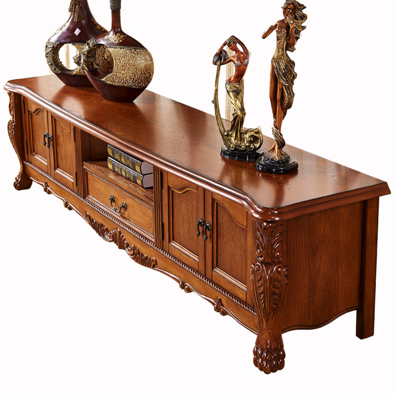 美式全实木电视柜茶几组合欧式复古电视柜2.2米2.4米地柜 简约