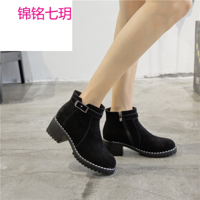 锦铭七玥跨境复古马丁靴女英伦风秋季单靴2017新款磨砂厚底粗跟女短靴