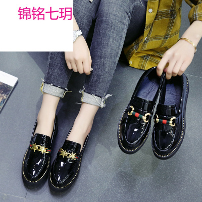 锦铭七玥英伦黑色小皮鞋女低跟厚底2018春秋季新款韩版百搭内增高女鞋单鞋