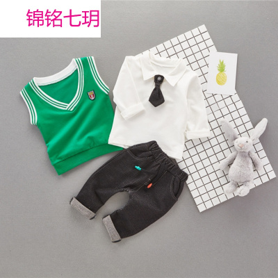 锦铭七玥童套装春儿童马甲T恤衫裤子三件套学院风宝宝休闲装春款批发童装