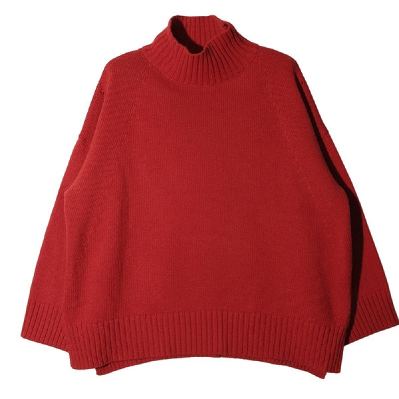 韩国新款chic风秋冬季新款休闲宽松纯色开叉高领针织衫红色毛衣女