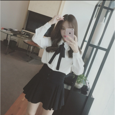 新款式韩范雪纺白衬衫女长袖2021春季新款蝴蝶结飘带娃娃领学院风衬衣潮-定制款