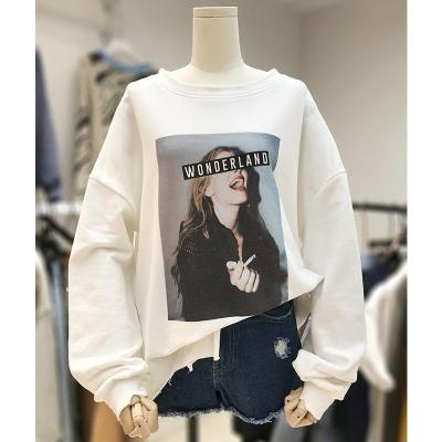 新款式春季大码女装胖妹妹胖MM宽松显瘦破洞印花圆领灯笼袖套头T恤卫衣-定制款