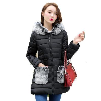 冬装韩版修身连帽羽绒服女獭兔毛领中长款棉服 秋冬休闲保暖外套