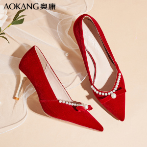 奥康女鞋红色结婚鞋女秀禾服婚纱两穿中式新娘鞋高跟鞋