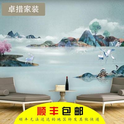 中式壁纸壁画抽象山水意境麋鹿北欧电视背景墙影视墙客厅沙墙纸壹德壹