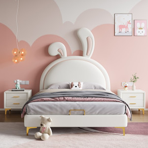 宜木雅居 儿童床女孩公主床卡通兔子床现代简约次卧软体单人床1.2小孩皮床