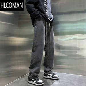 HLCOMAN牛仔裤男灰色男生长裤潮牌男裤直筒裤男款款加绒美式休闲裤子