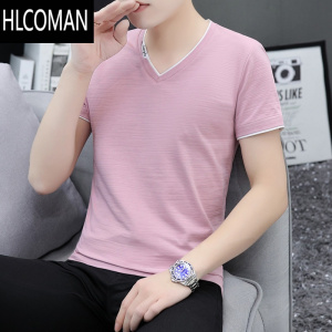 HLCOMAN[厂家批一件代发]冰丝短袖t恤男v领体恤夏季半袖简约中国风