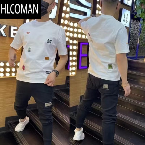 HLCOMAN欧洲站2023夏季新品男士短袖T恤半袖印花修身青年休闲上衣潮t