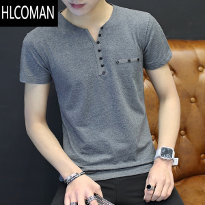 HLCOMAN夏季V领t恤男短袖修身衣服韩版简约青年半截袖上衣男衫帅气薄