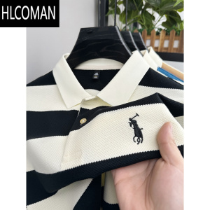 HLCOMAN高端刺绣polo衫男2024新款夏季条纹男士短袖T恤翻领半袖上衣