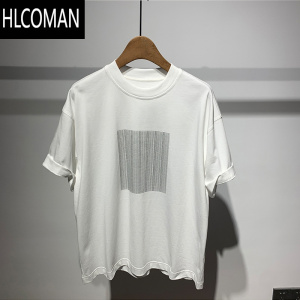 HLCOMAN2024夏季拼接百搭时尚潮流设计个性上衣夏季男士落肩短袖T恤