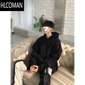 HLCOMAN500g纯黑色卫衣男连帽衫oversize美式内搭慵懒风外套情侣