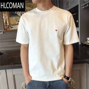 HLCOMAN夏季新款小爱心刺绣精梳T恤纯色男士短袖日常休闲打底衫