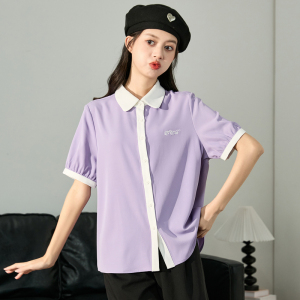 [3件8.5折84.9元]唐狮夏季新款短袖衬衫女拼接撞色设计感甜美小衫简约上衣紫色