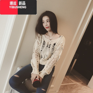 YIBUSHENG韩版薄款长袖镂空针织衫女宽松圆领显瘦纯色短款毛衣女罩衫