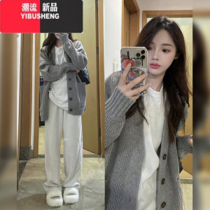 YIBUSHENG慵懒风软糯毛衣女装日系复古针织外套灰色开衫2023年新款