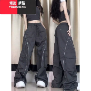 YIBUSHENG条纹速干运动裤女季薄款设计感美式复古宽松高街抽绳休闲工装裤