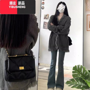 YIBUSHENG新款女装灰色开衫短外套慵懒风森系毛衣针织衫2023中长款