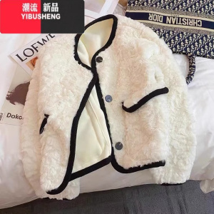 YIBUSHENG2023新款韩版仿獭皮草外套女冬短款一体小香风羊羔绒大衣