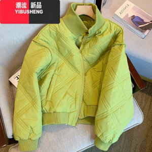 YIBUSHENG复古立领菱格棉服外套女2023季新款宽松短款绿色棉衣棉袄大衣